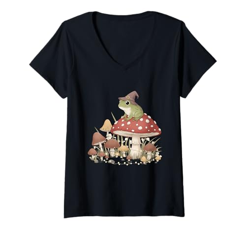 Damen Frosch auf Pilz mit Hexenhut T-Shirt mit V-Ausschnitt von frog mushroom witch hat cottagecore cute haunted