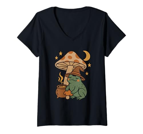 Damen Hexenfrosch unter Pilz T-Shirt mit V-Ausschnitt Damen Hexenfrosch unter Pilz T-Shirt mit V-Ausschnitt von frog witch mushroom cauldron moon haunted ghost
