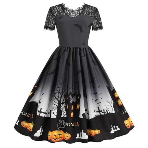 Halloween Kleid Damen Partykleid Spitzenkragen Kurzarm Vintage Festliche Kleider Hexenkleid Cocktailkleid Knielang Midikleid A-Linie Abendkleid Swing Spitzenkleid von frolicddlook