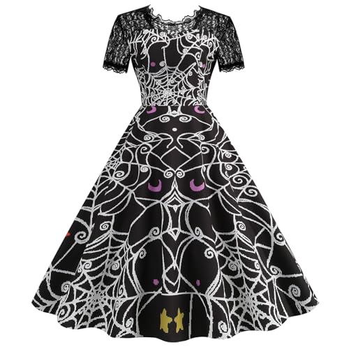 Halloween Kleid Damen Partykleid Spitzenkragen Kurzarm Vintage Festliche Kleider Hexenkleid Cocktailkleid Knielang Midikleid A-Linie Abendkleid Swing Spitzenkleid von frolicddlook