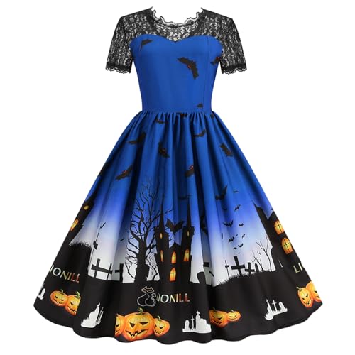 Halloween Kleid Damen Partykleid Spitzenkragen Kurzarm Vintage Festliche Kleider Hexenkleid Cocktailkleid Knielang Midikleid A-Linie Abendkleid Swing Spitzenkleid von frolicddlook