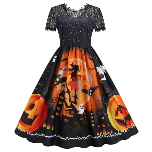 Halloween Kleid Damen Partykleid Spitzenkragen Kurzarm Vintage Festliche Kleider Hexenkleid Cocktailkleid Knielang Midikleid A-Linie Abendkleid Swing Spitzenkleid von frolicddlook
