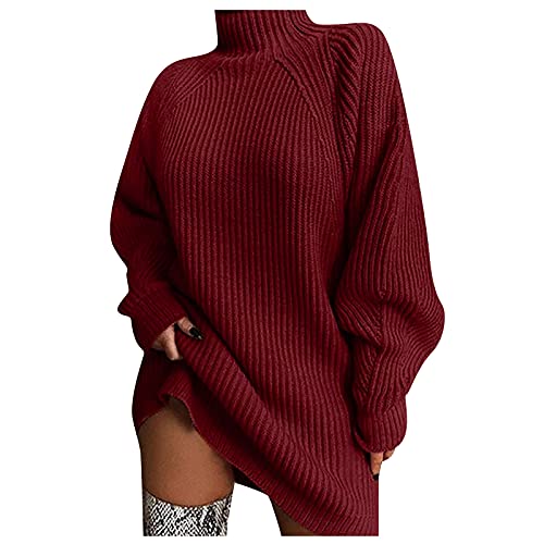 Strickkleid Damen Herbst Pulloverkleid Rollkragen Pullover Kleid Langarm Damen Winterkleid Elegant Herbstkleid Knielang Casual Sweatkleid Midikleid Einfarbige Freizeitkleid Wine S von frolicddlook