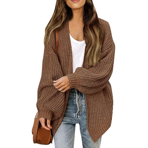 frolicddlook Strickjacke Damen Cardigan Langarm Strickjacken für Damen Übergangsjacke mit Schalkragen Strickmantel Lang Grobstrickjacke Elegant Casual Gestrickt Pullover Sweater Brown 2 L von frolicddlook