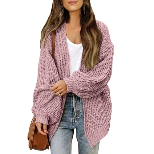 frolicddlook Strickjacke Damen Cardigan Langarm Strickjacken für Damen Übergangsjacke mit Schalkragen Strickmantel Lang Grobstrickjacke Elegant Casual Gestrickt Pullover Sweater Pink 1 M von frolicddlook