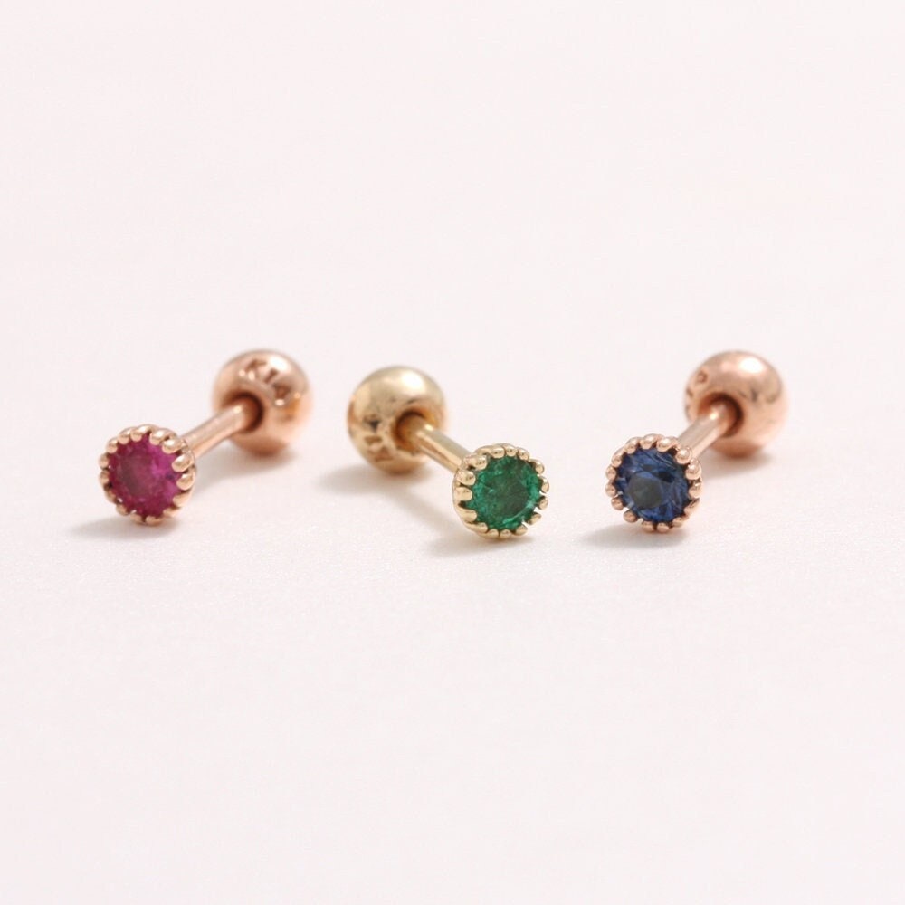 14K 18K Solid Gold 2, 5 Mm, 3 4 Mm Rubin, Smaragd Oder Blauer Saphir Multi Prongs Ohrstecker Knorpel Tragus Helix Conch Lobe Piercing Ohrring von fromJDesign