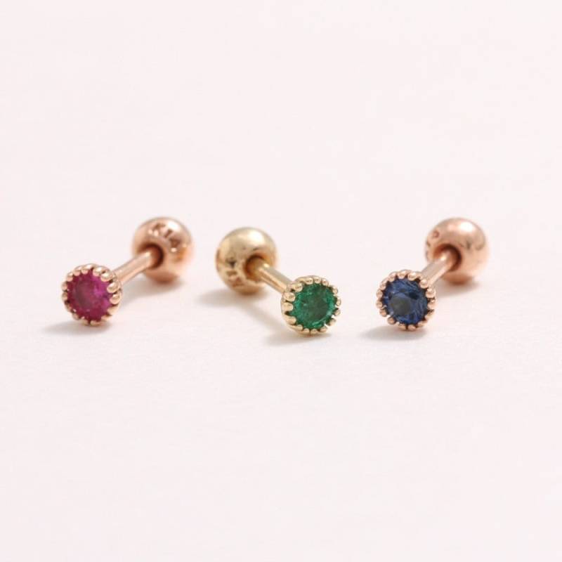 14K 18K Solid Gold 2, 5 Mm, 3 4 Mm Rubin, Smaragd Oder Blauer Saphir Multi Prongs Ohrstecker Knorpel Tragus Helix Conch Lobe Piercing Ohrring von fromJDesign