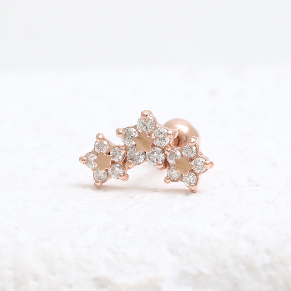 14K 18K Solid Gold Cz, Moissanit, Lab Oder Echter Diamant Dreibettzimmer Blume Ohrstecker Tragus Helix Conch Lobe Knorpel Piercing Ohrring 16G, 18G von fromJDesign