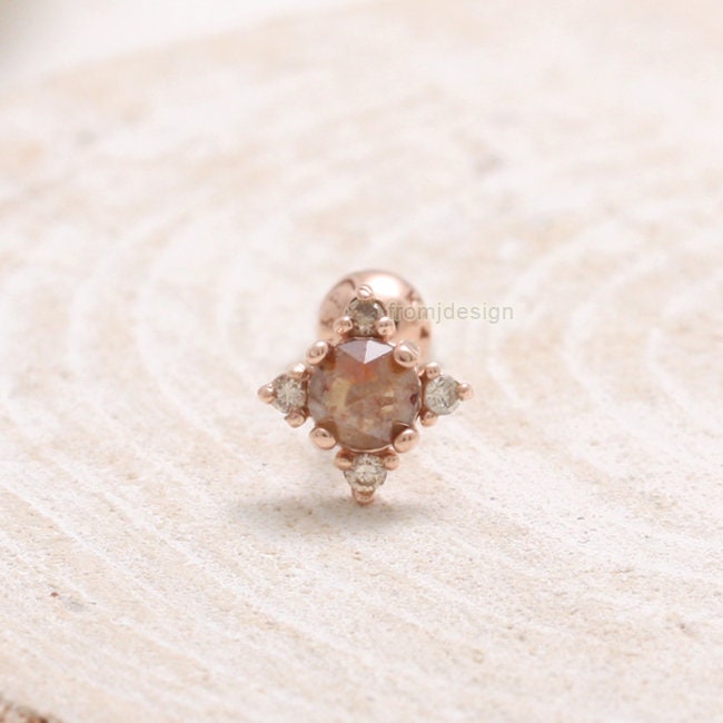 14K 18K Solid Gold Rose Cut Echte Diamant & Braune Diamanten Akzent Edgy Stern Ohrstecker Knorpel Tragus Helix Conch Lobe Piercing Ohrring von fromJDesign