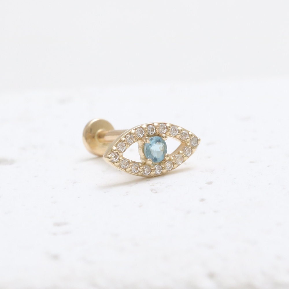14K Solid Gold Cz, Moissanit, Lab Oder Echter Diamant & Blautopas Evil Eye Ohrstecker Knorpel Tragus Helix Conch Intern Labret Piercing 14K Solid Gold Cz, Moissanit, Lab Oder Echter Diamant & Blautopas Evil Eye Ohrstecker Knorpel Tragus Helix Conch Intern Labret Piercing von fromJDesign
