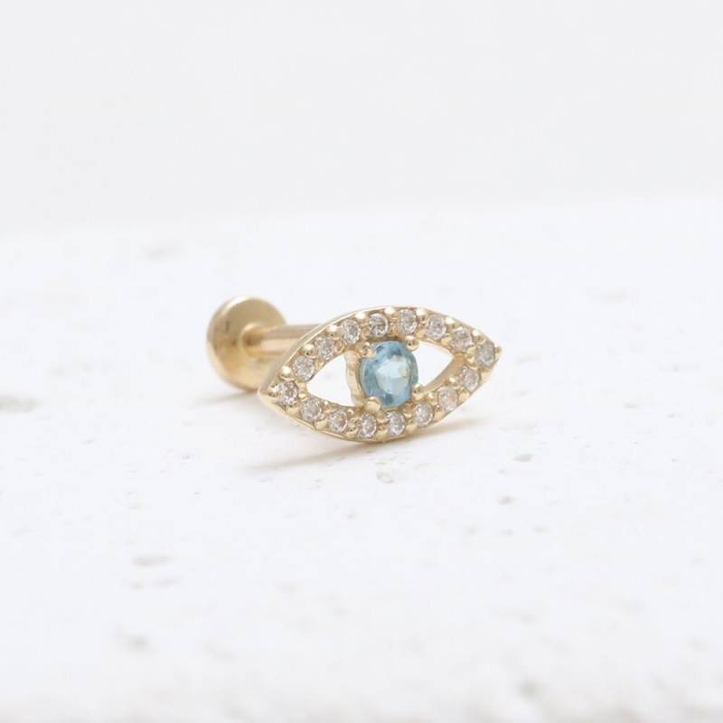 14K Solid Gold Cz, Moissanit, Lab Oder Echter Diamant & Blautopas Evil Eye Ohrstecker Knorpel Tragus Helix Conch Intern Labret Piercing von fromJDesign