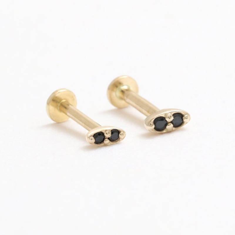 14K Solid Gold Dual Black Cz Oder Echter Schwarzer Diamant Ultra Tiny, Kleine Ovale Bolzen Knorpel Tragus Helix Conch Intern Labret Piercing von fromJDesign