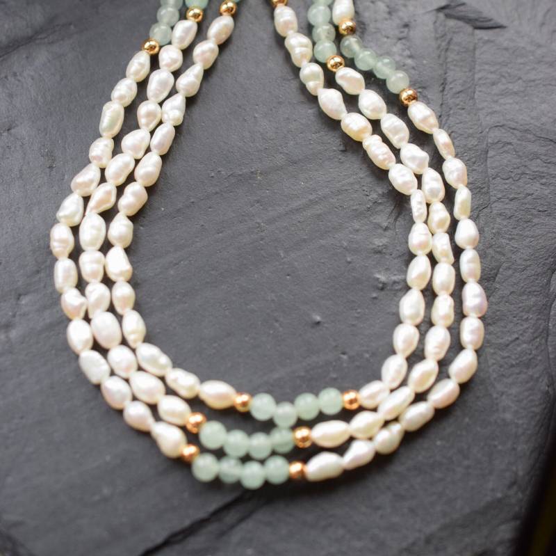 3Reihige Vintage Kette Aus Süsswasserperlen Und Aventurin von froschtritsche