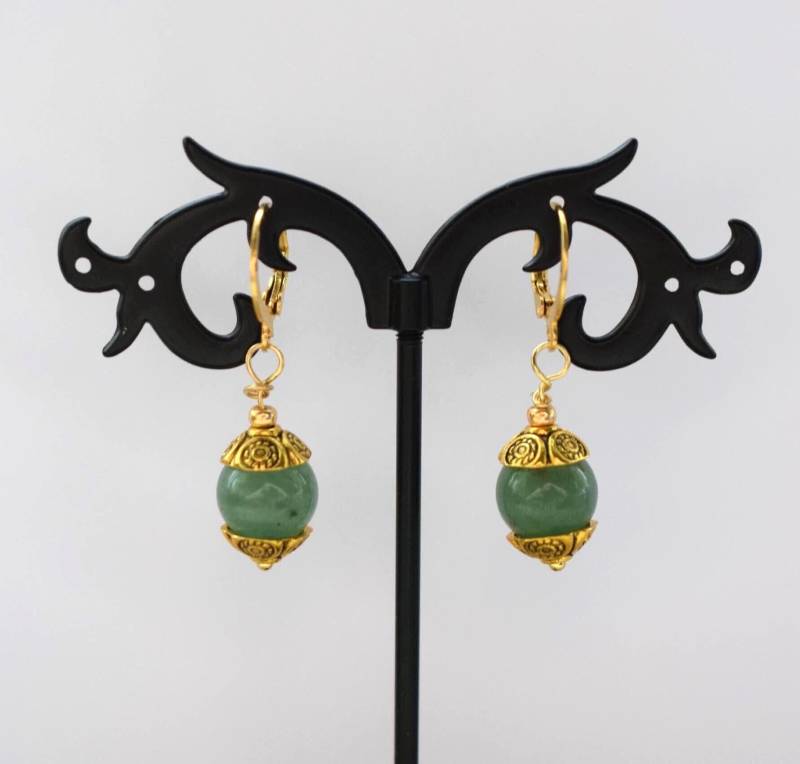Ohrringe Goldfarben Grüner Stein Aventurin Schmuck Naturstein Ohrhänger von froschtritsche