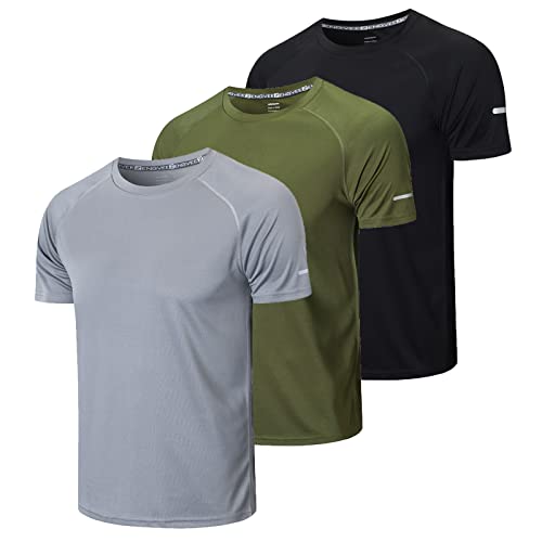 3er Pack Sport Tshirts Herren Funktionsshirt Sport Shirt Männer Schnelltrocknend Trainingsshirt Fitness Sportshirt Laufshirt Kurzarm Herren Atmungsaktive T-Shirt(520) Black Gray Green-2XL von frueo