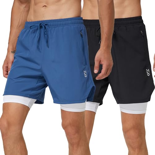 frueo 2er Pack Herren Sport Shorts Laufshorts Schnell Trocknend Sporthose Herren Kurze 2 in 1 Trainingsshorts Leicht mit ReiBverschlusstasche(0609)-Black Blue-2XL von frueo