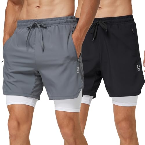 frueo 2er Pack Herren 2 in 1 Shorts Atmungsaktiv Sporthose Herren Kurz Schnelltrocknende Running-Sports Einfach Komfortabel mit Taschen Gym Shorts Männer(0609)-Black Grey-2XL von frueo