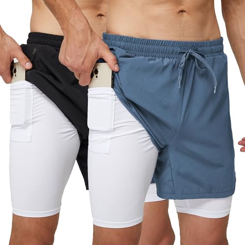 frueo 2er Pack 2 in 1 Running Shorts Atmungsaktiv Sporthose Herren Kurz Schnelltrocknende Fitness Kurzs Einfach Komfortabel mit Taschen Gym Shorts (0609)-Black Hazeblue-2XL von frueo