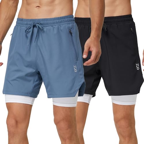 frueo 2er Pack Herren 2 in 1 Shorts Atmungsaktiv Sporthose Herren Kurz Schnelltrocknende Running-Sports Einfach Komfortabel mit Taschen Gym Shorts Männer(0609)-Black Hazeblue-L von frueo