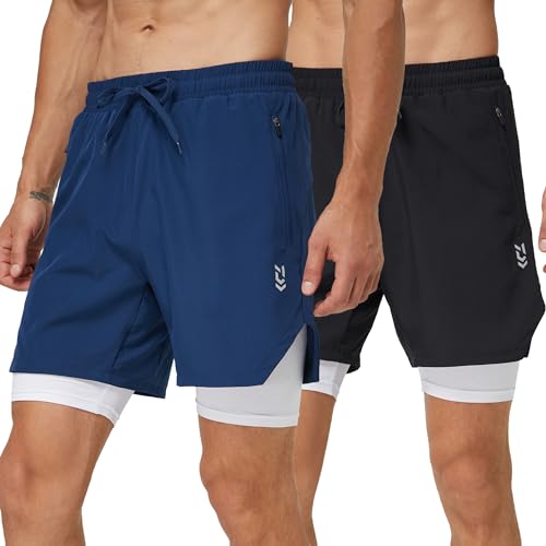 frueo 2er Pack Herren 2 in 1 Shorts Atmungsaktiv Sporthose Herren Kurz Schnelltrocknende Running-Sports Einfach Komfortabel mit Taschen Gym Shorts Männer(0609)-Black Navy-2XL von frueo