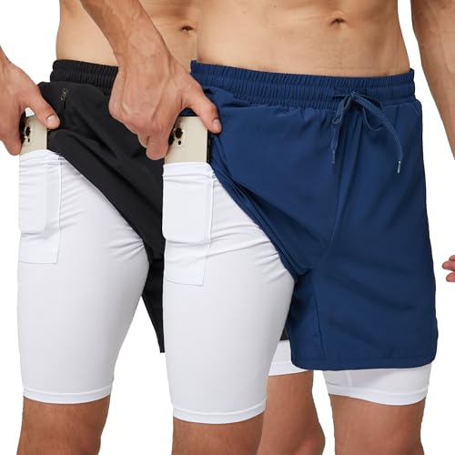frueo 2er Pack 2 in 1 Shorts Herren Atmungsaktiv Sporthose Herren Kurz Schnelltrocknende Trainingsshorts Einfach Komfortabel mit Taschen Gym Shorts(0609)-Black Navy-S von frueo