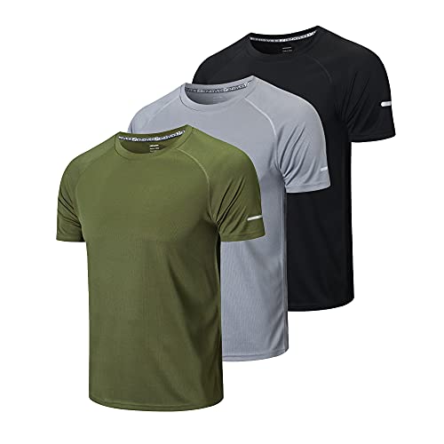 frueo Herren 3er-Pack Workout-Shirts Dry Fit Feuchtigkeitstransport Kurzarm Mesh Athletic T-Shirts, 00520 Schwarz Grau Grün, 5X-Groß von frueo