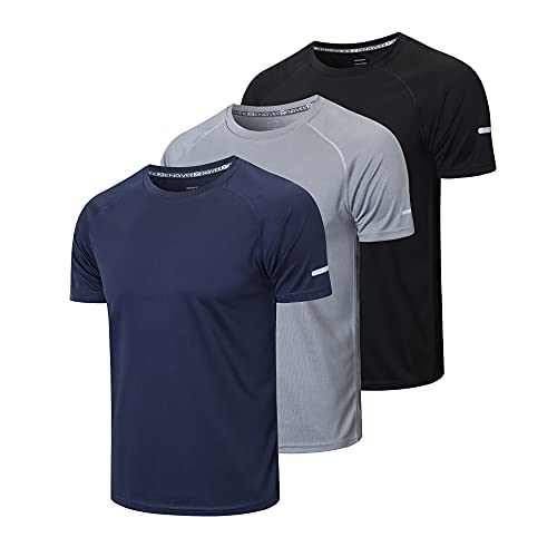 frueo Herren 3er-Pack Workout-Shirts Dry Fit Feuchtigkeitstransport Kurzarm Mesh Athletic T-Shirts, 0520 Schwarz Grau Marineblau, Mittel von frueo