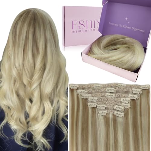 Fshine Clip Extensions Echthaar Dunkelblond mit Aschblond bis Platinblond Haarextension Echthaar Clip in Extensions 50cm 120g Haarverlängerungen für Mädchen Farbe 18 22 60 von fshine