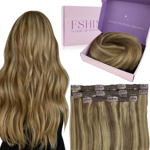 Fshine Echthaar Extensions Clip Mittelbraun und Karamellblond 30cm Clip in Extensions Echthaar Günstig Für Frauen 80g 7 Stücke Farbe 4P27 von fshine