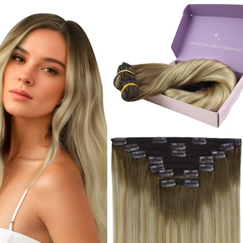 Fshine Clip in Extensions Echthaar, 50cm Echthaar Extensions Clip in Haarteil für Damen 120g 7 Stücke Mittelbraun mit Übergang zu Honigblond und Blond Farbe 6 27 60 von fshine