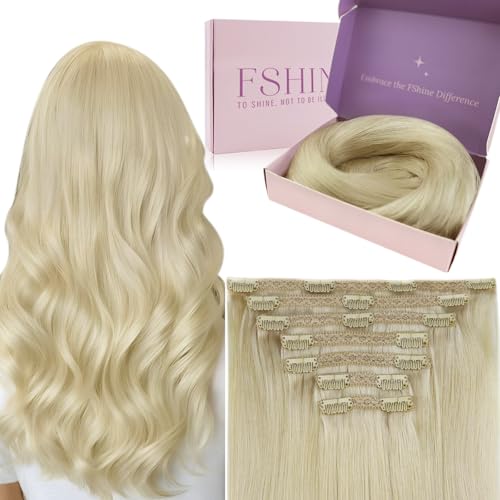 Fshine Echthaar Extensions Clip Blond 55cm 7 Stücke 120g Invisible Clip in Extensions Echthaar Platinblond Echte Haare für Damen Farbe 60 von fshine