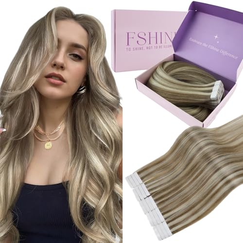 Fshine Tape in Extensions Echthaar Aschbraun Highligh Platinblond 35 cm 20 Stücke 50 g Haar Extensions Tape in Echthaar Mädchen Haarverlängerung Farbe 8P60 von fshine