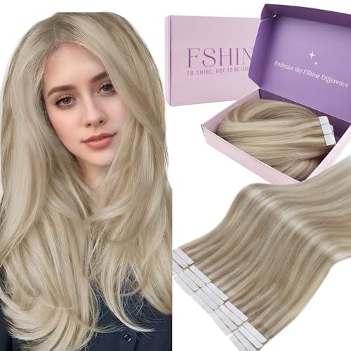 Fshine Tape in Extensions Echthaar Hellbraun Highlights Platinblond 55 cm 50 g 20 Stücke für Mädchen Echte Haar Haarverlängerung Echthaar Tape in Extensions Farbe 18P613 von fshine