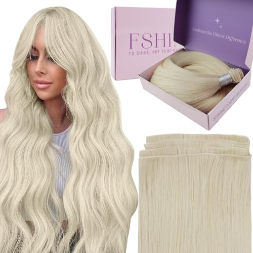 Fshine Tressen Echthaar Weißblond 35cm Echthaar Extensions zum Einnähen 50g Blond Sew in Weft HairExtensions Damen Haarverlängerung Farbe 1000 von fshine