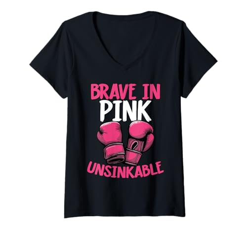 Damen Brave in Pink Unsinkable Brustkrebs Bewusstsein T-Shirt mit V-Ausschnitt Damen Brave in Pink Unsinkable Brustkrebs Bewusstsein T-Shirt mit V-Ausschnitt von für Frauen, Kämpferinnen Überlebende Unterstützer