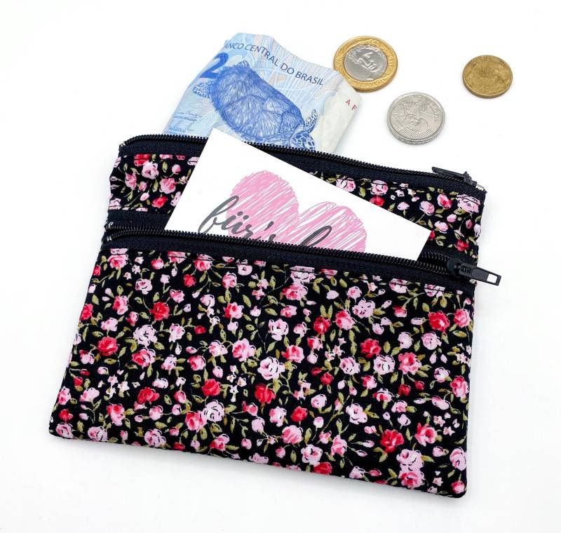 Kleine Rosen Mini Portemonnaie Mit 2 Reißverschluß Fächern Stoff Geldbeutel Schwarz von fuersherz