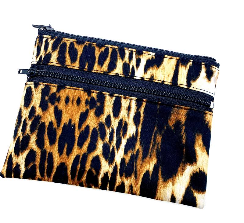 Leopard Mini Portemonnaie Mit 2 Reißverschluß Fächern Stoff Geldbeutel von fuersherz