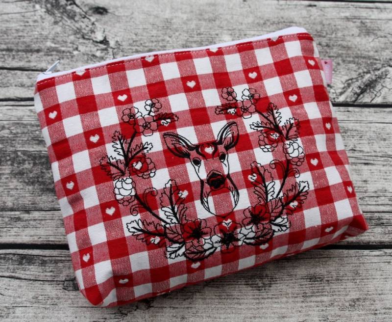 Reh Kosmetiktasche L Rot Weiß Kariert Bestickt Hirsch Wald Märchen Kulturtasche von fuersherz