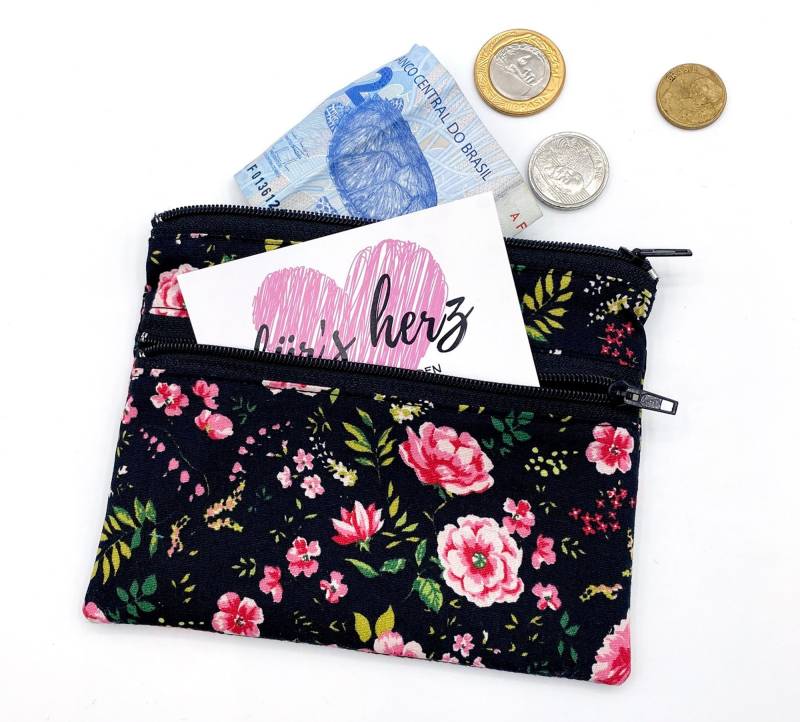 Rosa Blumen Mini Portemonnaie Mit 2 Reißverschluß Fächern Stoff Geldbeutel Schwarz von fuersherz