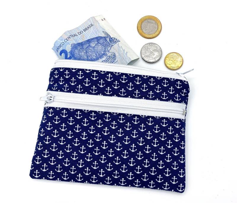 Viele Kleine Anker Mini Portemonnaie Blau Mit 2 Reißverschluß Fächern Stoff Geldbeutel von fuersherz