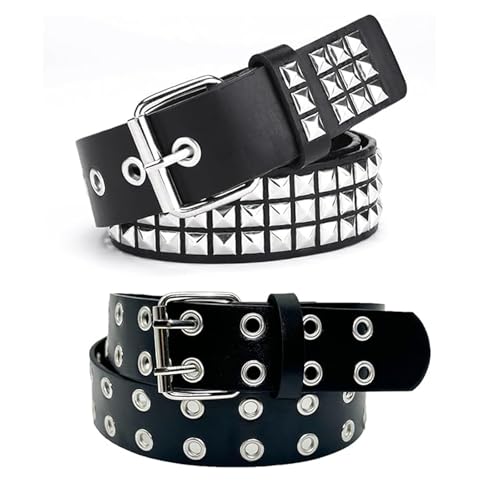 2 Stück Bullet Belt, Nietengürtel Herren, Studded Belt, Punk Rock Nietengürtel für Damen, Coole Gürtel für Jeans, Doppelloch Ledergürtel Jeansgürtel Studded, Gürtel mit Punk Style Cosplay von fufupaw