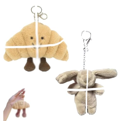 fufupaw 2 Stück Croissant Schlüsselanhänger,Croissant, Taschen Anhänger, Brot Form Plüschtier,mit Schlüsselanhänger, Lustiges und Kreatives Geschenk für Kinder, Hase Kaninchen Keychain Netter von fufupaw