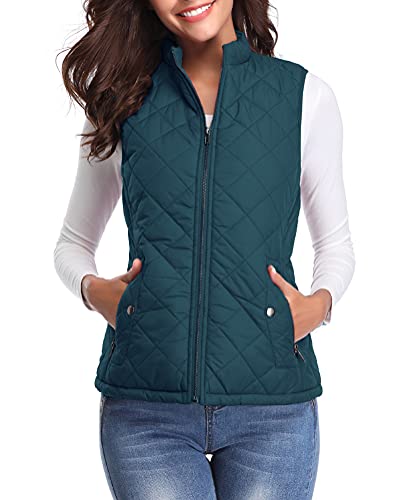 fuinloth Damen Weste mit Stehkragen Westen Steppweste Leicht Ärmellos Jacke mit Reissverschluss Taschen Waldgrün L von fuinloth