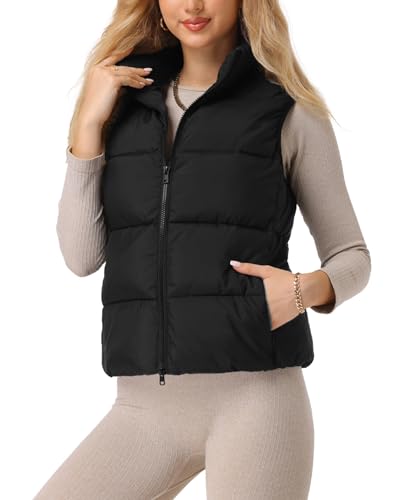 Fuinloth Leichte Pufferweste für Damen, wasserabweisend, 4 Taschen, doppelter Schieber-Reißverschluss, elastischer Saum für Herbst und Winter, Schwarz, L von fuinloth