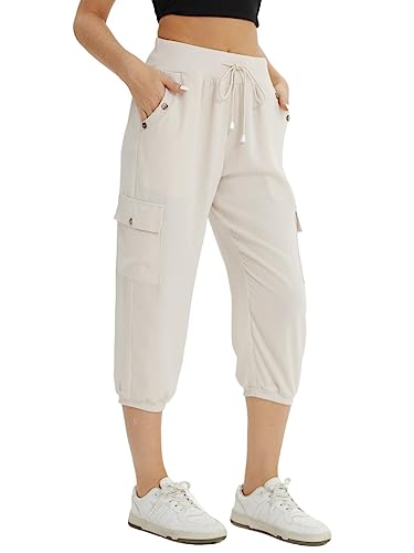 fuinloth 3/4 Hose Damen Caprihose Sommer Frauen Leicht Locker Dreiviertel Knielange Hosen mit 4 Seitentaschen Beige L 38-40 von fuinloth