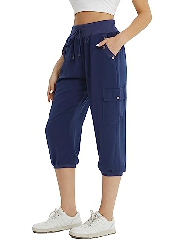 fuinloth 3/4 Hose Damen, Sommer Caprihose Dreiviertel Cargo Hosen Frauen Gummizug Leicht Blau L 38-40 von fuinloth