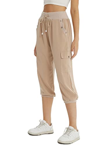 fuinloth 3/4 Hose Damen, Sommer Caprihose Dreiviertel Cargo Hosen Frauen Gummizug Leicht Gelb L 38-40 von fuinloth