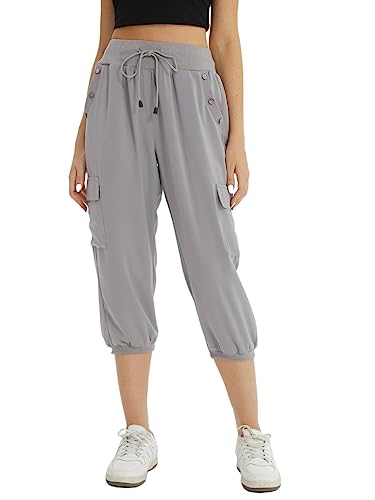 fuinloth 3/4 Hose Damen, Sommer Caprihose Dreiviertel Cargo Hosen Frauen Gummizug Leicht Grau L 38-40 von fuinloth