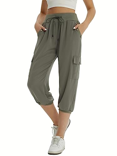 fuinloth 3/4 Hose Damen, Sommer Caprihose Dreiviertel Cargo Hosen Frauen Gummizug Leicht Grün XXL 46-48 von fuinloth