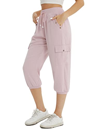 fuinloth 3/4 Hose Damen Caprihose Sommer Frauen Leicht Locker Dreiviertel Knielange Hosen mit 4 Seitentaschen Rosa L 38-40 von fuinloth